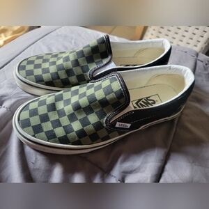 Vans Men's Black and Green Checkered Slip-On Shoes